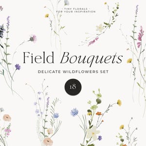 Könnte beinhalten: Aquarellillustration von Feldsträußen mit zarten Wildblumen. Das Bild zeigt eine Sammlung von Blumenarrangements in verschiedenen Farben, darunter Lila, Rosa, Gelb und Weiß. Der Text lautet "Field Bouquets, Delicate Wildflowers Set, 18".