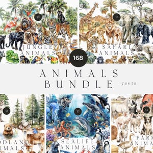 Puede incluir: Una colección de ilustraciones de animales en acuarela, que incluye animales de la selva, safari, bosque, vida marina y granja. El texto "ANIMALS BUNDLE" se muestra con el número "168" en un círculo negro.