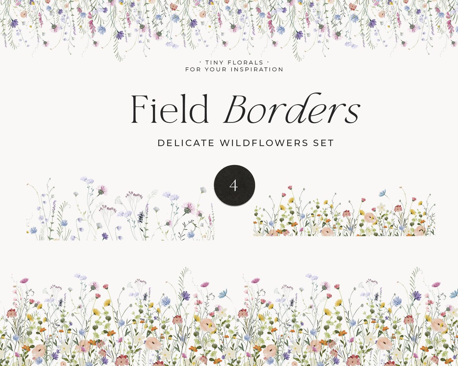 Neutral Border Graphics Field Floral Borders Clipart Set - Watercolor Wildflowers Seamless ...