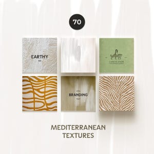 Op de afbeelding: Zes vierkante ontwerpen met verschillende texturen en patronen. Deze omvatten een getextureerd wit vierkant met het woord "EARTHY", een wit vierkant met penseelstreken en een groen vierkant met een logo. De onderste rij bevat een goud-wit patroon, een beige vierkant met het woord "BRANDING" en een bruin-witte zebraprint. De tekst "MEDITERRANEAN TEXTURES" staat onderaan.