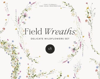 Watercolor Wildflowers Wreaths Clipart - Hand-Painted Meadow Floral Set for invites - Field Frames (PNG)