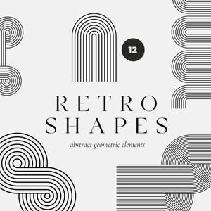 May include: A selection of black and white retro shapes, featuring arched, spiral, and curved line designs. The text "RETRO SHAPES" is displayed in a bold font, with "abstract geometric elements" below. A circular badge displays the number "12".