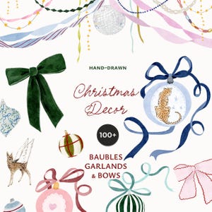 Puede incluir: Ilustración en acuarela de elementos de decoración navideña, incluyendo un lazo verde, adornos, cintas y una bola de discoteca. El texto dice "Hand-Drawn Christmas Decor" y "Baubles, Garlands & Bows". Se presenta un adorno con estampado de leopardo.
