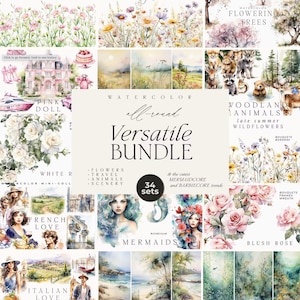 Puede incluir: Colección de ilustraciones en acuarela con flores, animales, paisajes, sirenas y más. El texto de la imagen dice "Versatile Bundle" con 34 conjuntos, perfecto para diversos proyectos creativos.