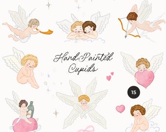 Whimsical Hand-Painted Cupid Clipart Set – St Valentine’s Day Watercolour Angels, Quirky Romantic Illustrations