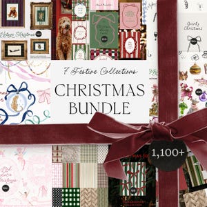 Könnte beinhalten: Ein Weihnachtsbündel mit verschiedenen festlichen Kollektionen. Das Bild zeigt gerahmte Kunst, gemusterte Papiere und Karten mit Texten wie "Vintage Christmas" und "Christmas Bundle". Ein burgunderfarbenes Band mit einer Schleife umhüllt das Bündel, mit einem Etikett mit der Aufschrift "1.100+".