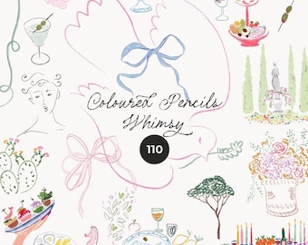 Imágenes prediseñadas de boda originales y divertidas - Marcos pintados a mano con un toque de fantasía - Iconos de líneas de lápices de colores para invitaciones e impresiones