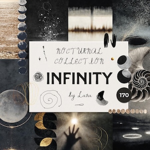 Könnte beinhalten: Eine Collage mit Elementen aus der Astronomie und abstrakter Kunst. Im Zentrum steht eine weiße Karte mit der Aufschrift "Nocturnal Collection Infinity by Lana". Die Kunstwerke zeigen Monde, Sterne und eine Hand-Silhouette in Schwarz, Gold und Weiß.
