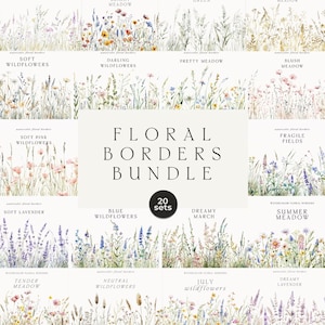 Op de afbeelding: Een verzameling aquarel bloemenranden met diverse wilde bloemen ontwerpen. De bundel bevat 20 sets met namen als "Soft Wildflowers", "Darling Wildflowers" en "Dreamy March". De tekst "Floral Borders Bundle" is prominent aanwezig.