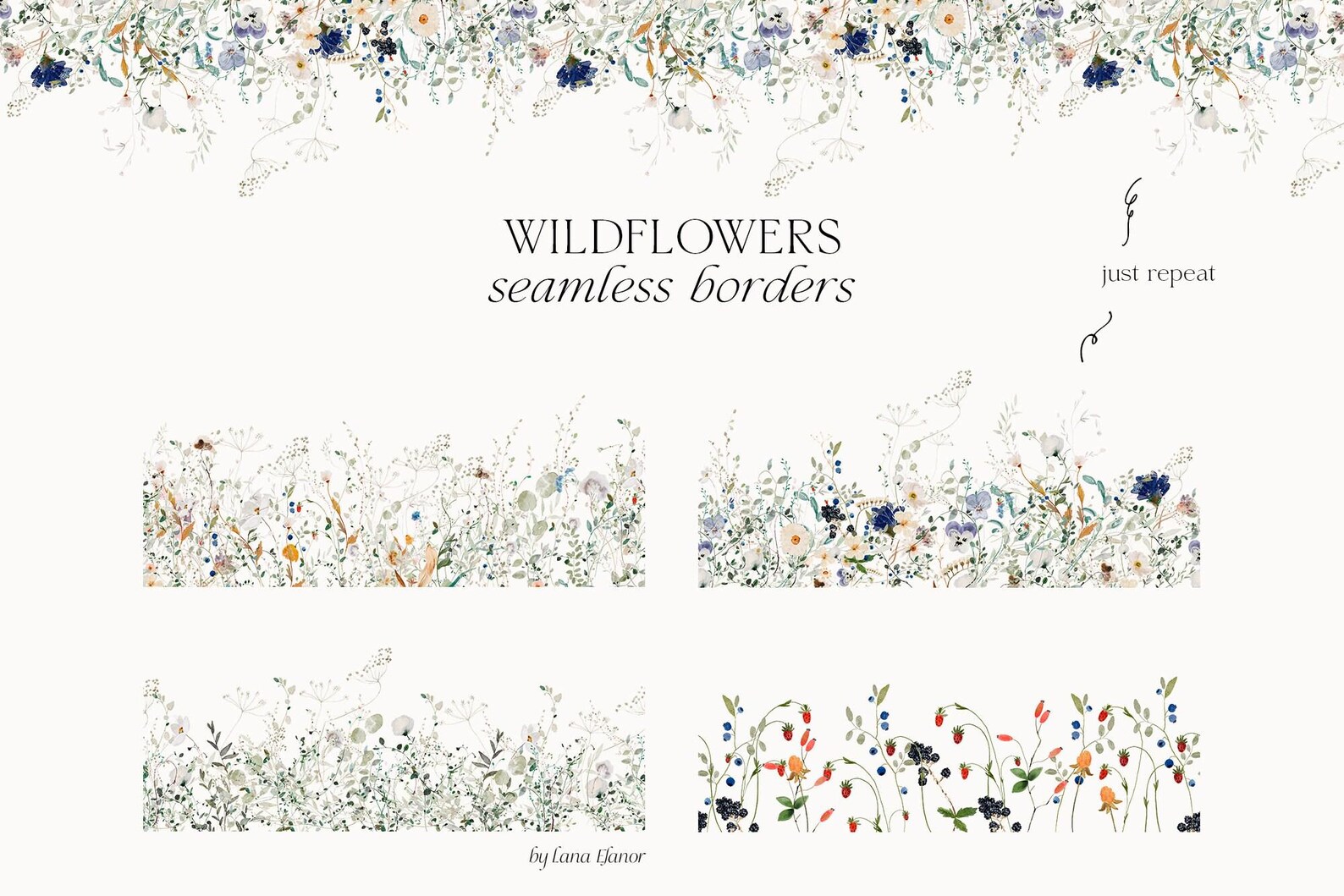 Neutral Border Graphics Wildflowers Borders Clipart Set - Watercolor Meadow Seamless Border for ...