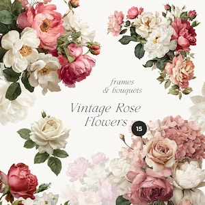 May include: A collection of vintage rose flower arrangements in shades of pink, white, and red. The image includes bouquets and individual blooms, with the text "frames & bouquets" and "Vintage Rose Flowers". A small circle displays the number "15".