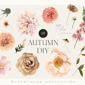 Aquarell-Clipart mit neutralen Herbstblumen – handgemalte Boho-Herbstblumen zum Selbermachen für Einladungen (PNG)