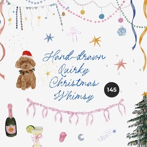 May include: Watercolor illustration with a festive Christmas theme. Features a dog wearing a Santa hat, a champagne bottle, a decorated Christmas tree, and the text "Hand-drawn Quirky Christmas Whimsy". Includes various decorative elements.