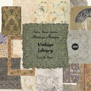 May include: A collage of vintage textile design samples. The image features various fabric swatches with floral, lace, and patterned designs in muted tones. The text "Textile Design Samples, Heritage Archive, Vintage Library, Lace & Papers" is visible.