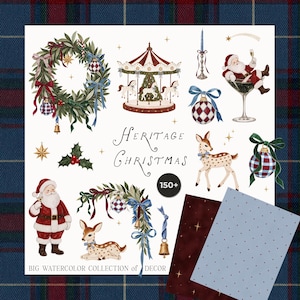 Puede incluir: Una colección digital de ilustraciones navideñas en acuarela que incluye una corona, un carrusel, Santa Claus, ciervos, adornos y acebo. El texto dice Heritage Christmas y Big Watercolor Collection of Decor. Incluye hojas de papel estampado.