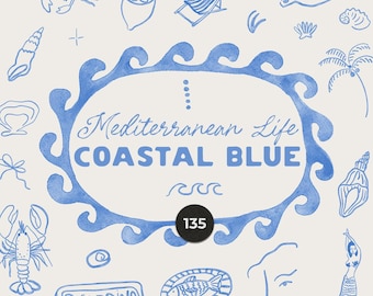 Coastal Blue Icons Clipart – Hand-Painted Italian Summer Line Art Doodles (PNG)