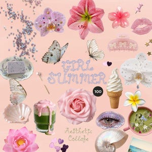 Puede incluir: Collage estético con flores rosas y blancas, mariposas, una concha, un cono de helado y el texto "GIRL SUMMER" y "Aesthetic Collage" sobre un fondo rosa. Incluye una pinza para el pelo, un jabonera y una taza de té.