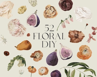 Hand-Painted Flowers and Figs Clipart - 52 Moody Fall Individual Floral DIY for wedding invites