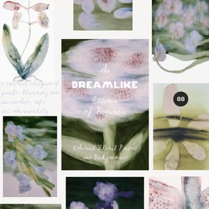 Puede incluir: Un collage de estampas y fondos de arte floral en acuarela. La imagen central presenta el texto "DREAMLIKE Essence of Botanica" con "Ethereal Floral Prints and Backgrounds" debajo. Otras imágenes incluyen flores y elementos botánicos.