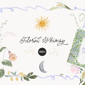 May include: Watercolor illustration with the text "Floral Whimsy" and a sun with a face. The image features floral elements, a crescent moon, and a card with the text "quirky florals co."