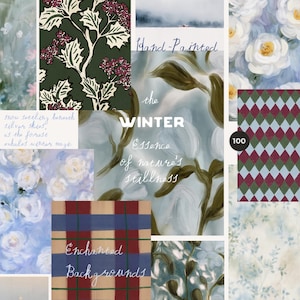 May include: A digital collage of various patterns including dark green holly, blue and white floral motifs, a red and blue plaid, and a diamond argyle print. Text overlays include Hand-Painted, the WINTER, Essence of nature's stillness, and Enchanted Backgrounds.