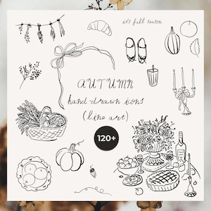 Autumn Line Art Clipart - Hand-Drawn Fall Icons, Rustic, Pumpkin, Harvest, Wedding invites (PNG)