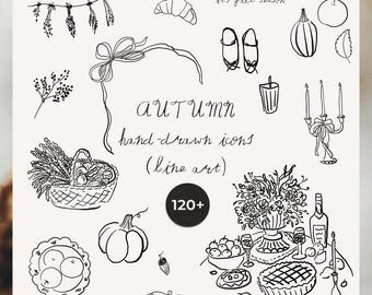 Herbst Line Art Clipart - Handgezeichnete Herbst Symbole, Rustikal, Kürbis, Ernte, Hochzeit lädt ein (PNG)