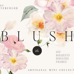 Può includere: Design floreale ad acquerello con la parola "BLUSH" in grandi lettere nere. L'immagine presenta fiori rosa e bianchi con centri gialli, foglie verdi e il numero "26" in un cerchio nero. Il testo in basso recita "ARTISANAL MINI-COLLECTION".