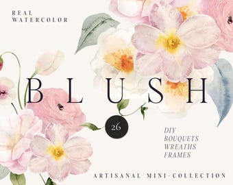 Blush Watercolor Floral Clipart - Hand-Painted Pastel Flowers for invites (PNG)