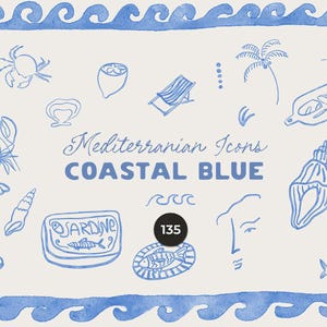 May include: Watercolor illustration featuring various coastal icons in blue, including a crab, seashell, and palm tree. The text "Mediterranean Icons COASTAL BLUE" is displayed. The image is framed with a blue wave border.