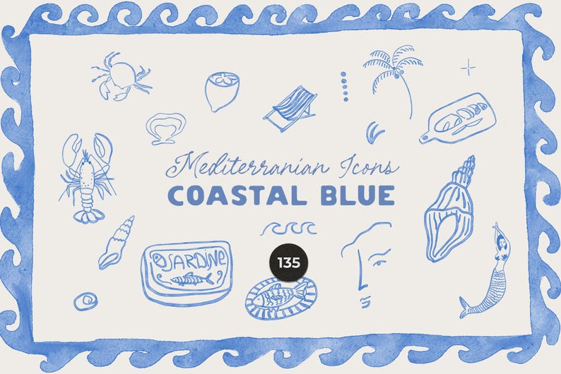 May include: Watercolor illustration featuring various coastal icons in blue, including a crab, seashell, and palm tree. The text "Mediterranean Icons COASTAL BLUE" is displayed. The image is framed with a blue wave border.