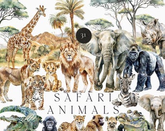 以下が含まれることがあります： キリン、ライオン、ゾウ、サイ、シマウマ、ゴリラなど、サファリの動物たちの水彩イラスト。テキスト「SAFARI ANIMALS」が下に表示されています。背景は白です。
