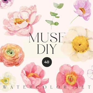 May include: A watercolour floral set with pink, white, and yellow flowers, and green leaves. The image includes the text "MUSE DIY" and "WATERCOLOR SET". A black circle with the number "40" is also present.