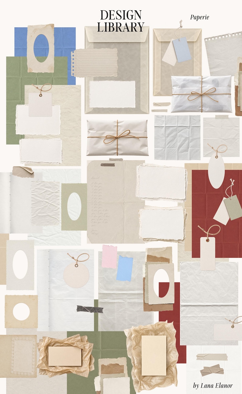 May include: A collection of stationery elements including envelopes, various textured papers, gift tags with twine, and folded sheets in shades of white, beige, green, blue, and red. The text DESIGN LIBRARY and Paperie are visible on the page.