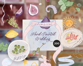 Hand-Painted Whimsical Wedding Clipart - Italian Summer, Ribbons, Shrimps, Lemons, Modern Icons for invites (PNG)