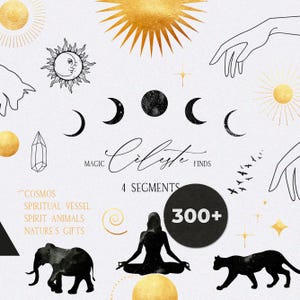 Himmelsk Clipart - Andliga symboler svart och guld - Esoteriska kosmiska element (PNG)