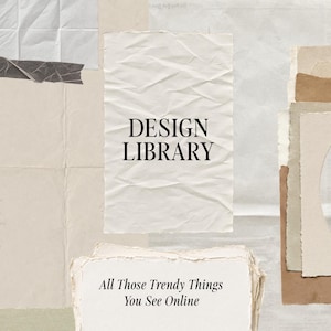 May include: A collage of various paper textures in shades of beige, cream, and white. The center features the text "DESIGN LIBRARY" on a crumpled sheet, with "All Those Trendy Things You See Online" below. Includes torn edges and an oval cutout.
