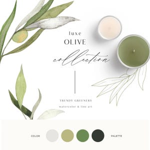 Puede incluir: Dos velas redondas, una blanca y una verde oliva, presentadas con ilustraciones de ramas de olivo en acuarela y arte lineal. El texto dice: luxe OLIVE collection, TRENDY GREENERY, watercolor & line art. Una paleta de colores muestra gris claro, oliva, verde oscuro y negro.