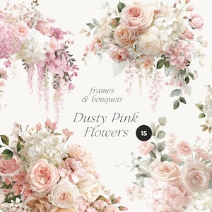 Op de afbeelding: Waterverf bloemstukken in stoffige roze, witte en perzikkleurige tinten. De afbeelding toont boeketten en frames met rozen, hortensia's en andere bloemen. Tekst luidt "frames & bouquets" en "Dusty Pink Flowers".