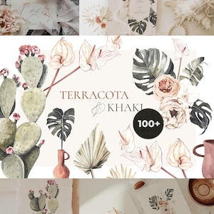 May include: Watercolor illustrations featuring botanical elements in terracotta and khaki tones. The image includes cacti, flowers, and leaves, with the text "TERRACOTA & KHAKI" and a "100+" circle. The overall aesthetic is soft and natural.