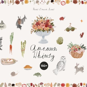 May include: Watercolor illustration with autumn-themed elements. Features a floral arrangement in a vase, a basket of produce, and various fall-related objects like a bat, owl, and pumpkin. The text "Autumn Whimsy" is also present.