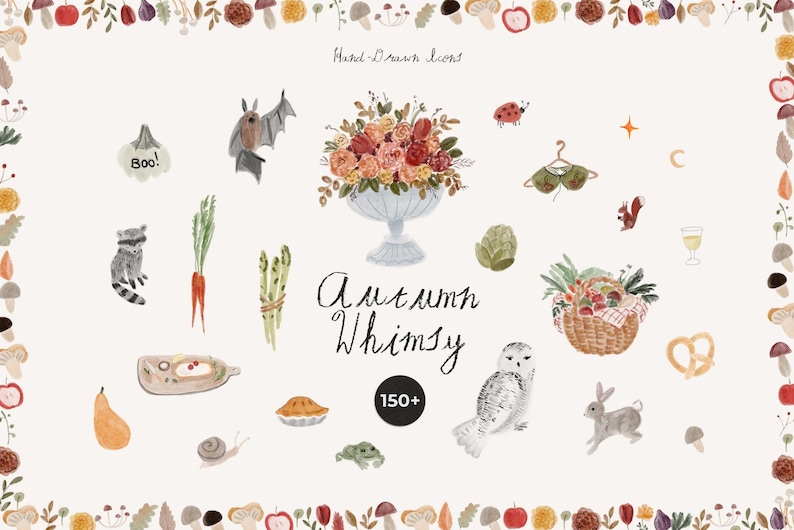 May include: Watercolor illustration with autumn-themed elements. Features a floral arrangement in a vase, a basket of produce, and various fall-related objects like a bat, owl, and pumpkin. The text "Autumn Whimsy" is also present.