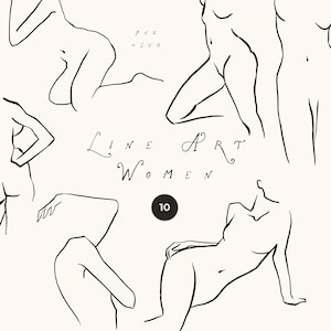 Könnte beinhalten: Eine Sammlung von schwarzen Strichzeichnungen, die verschiedene weibliche Figuren in unterschiedlichen Posen auf hellem Hintergrund darstellen. Das Bild enthält den Text PNG + SVG, Line Art Women und die Zahl 10 in einem dunklen Kreis.