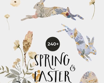 Easter Rabbits and Eggs Clipart - Whimsical Spring Floral Set for cards (PNG)