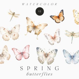 Op de afbeelding: Waterverfillustratie met vlinders en libellen in beige, roze en blauwe tinten. Het woord "WATERCOLOR" staat bovenaan en "SPRING butterflies" onderaan.