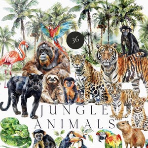 May include: A watercolour illustration of various jungle animals, such as a tiger, leopard, monkey, and parrot, set against a backdrop of palm trees. The text "JUNGLE ANIMALS" is displayed below the animals.