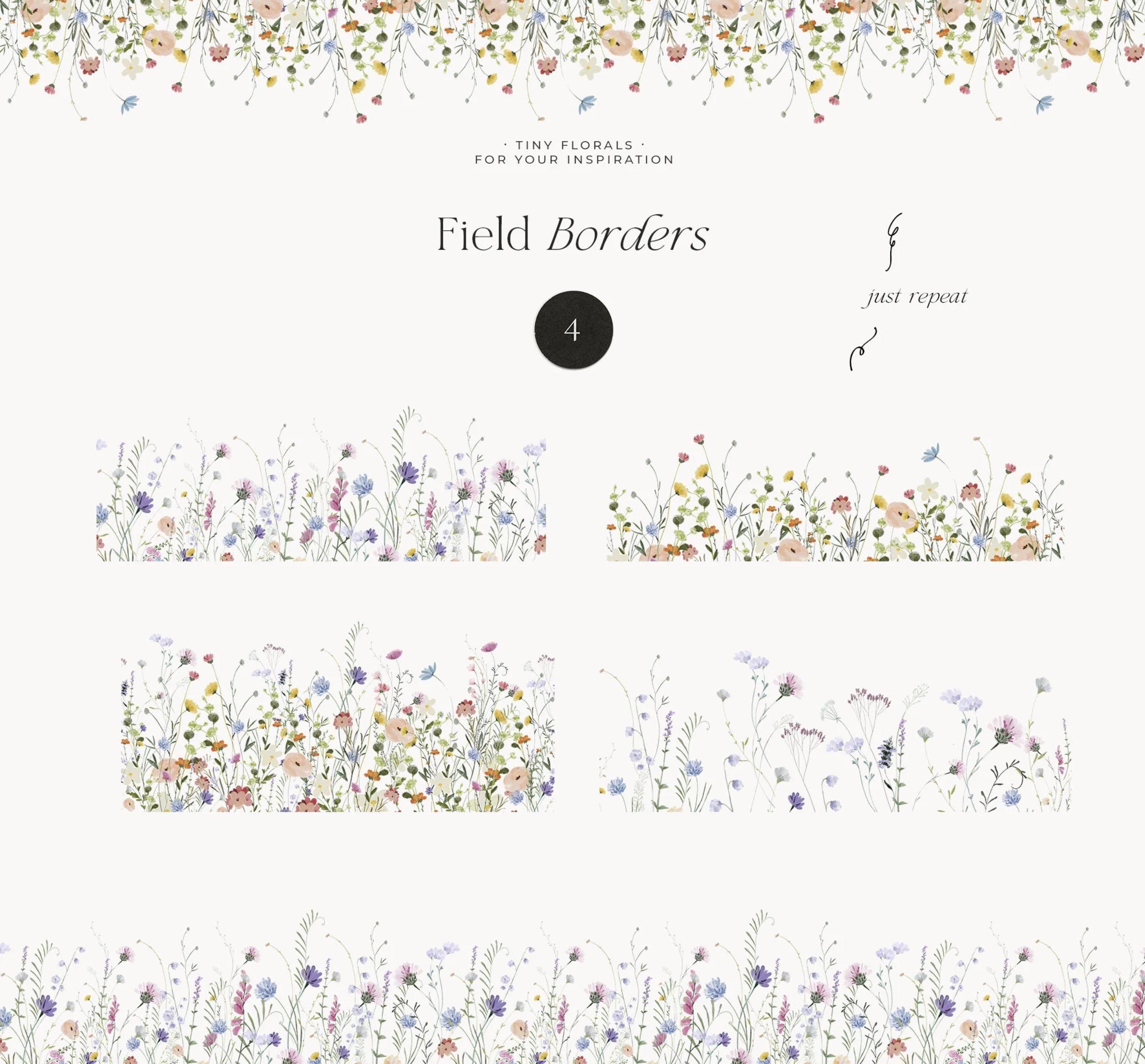 Neutral Border Graphics Field Floral Borders Clipart Set - Watercolor Wildflowers Seamless ...