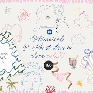 May include: A whimsical, hand-drawn illustration with a light background. The text reads "Whimsical & Hand-drawn Love vol. 2!" and "Summer Edition (:)". The image features various drawings of shells, flowers, and other summer-themed elements.