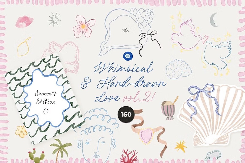 May include: A whimsical, hand-drawn illustration with a light background. The text reads "Whimsical & Hand-drawn Love vol. 2!" and "Summer Edition (:)". The image features various drawings of shells, flowers, and other summer-themed elements.