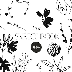 May include: A collection of black ink floral sketches on a white background. The word "ink" is above "SKETCHBOOK" in a stylized font. A black circle with the number "86+" is also present.